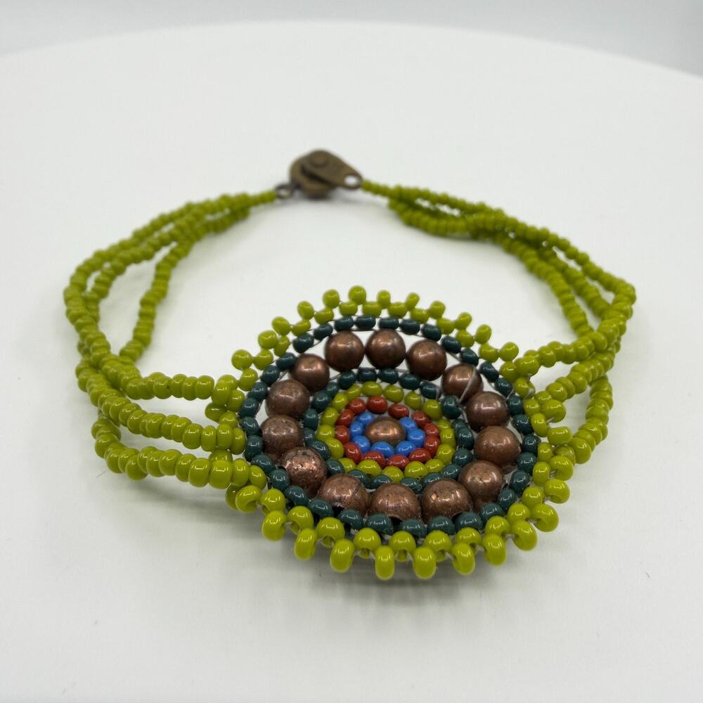 Multi-Strand Beaded Bracelet Lime Green Copper Tone Statement Festival Jewelry